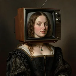 renaissance portrait of a woman with retro tv instead of head, by rembrandt and by valentin de boulogne