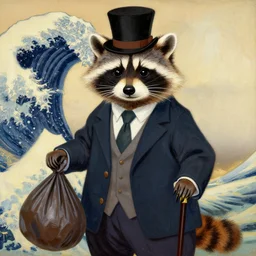 a raccoon wearing formal clothes, wearing a tophap and holding a cane. the raccoon is holding a garbage bag. oil painting in the style of hokusai
