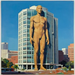 artwork by andy warhol of a building with a large, very visible humanoid and visible terrain, unique and interesting composition,