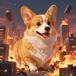 a giant corgi destroying a city, lots of fire, by kim jung gi, paul heaston, extremely wide angle shot, trending on art station, 4 k, vibrant lighting