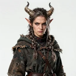 masterpiece portrait of a surly and resentful female tiefling thief with horns clothed in ragged clothes and a cloak, by Greg Rutkowski and John Collier and Krenz Cushart and Artem Demura and Alphonse Mucha and Albert Aublet, as seen on ArtStation, 4k, dungeons and dragons, very aesthetic, very detailed, intricate, unreal, fantasy, dramatic, painterly, artstation, sharp focus, smooth