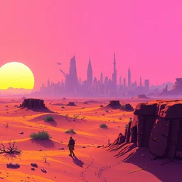 detailed pixel art, science fiction pc game point - and - click adventure, lucas arts, desert with city in the skyline, two suns, purple orange colors, sharp focus, illustration, highly detailed, digital painting, concept art, matte, art by wlop and artgerm and greg rutkowski, masterpiece