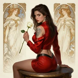 red jacket tattooed sexy girl sits on a table holding a white rose, deep focus, turnaround, character sheet, intricate, elegant, highly detailed, digital painting, artstation, concept art, matte, sharp focus, illustration, hearthstone, art by artgerm and greg rutkowski and alphonse mucha.