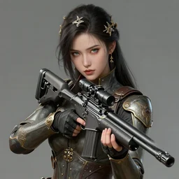 A full portrait of a beautiful post apocalyptic elite sniper, intricate, elegant, highly detailed, digital painting, artstation, concept art, smooth, sharp focus, illustration, art by Krenz Cushart and Artem Demura and alphonse mucha