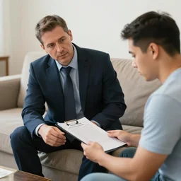 Veterans affairs representative helping a Young veteran with PTSD, Document, Photo,