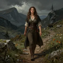 a detailed and enchanting portrait of a female hobbit on a dark mountain trailt, concept art, dndart, fantasy portrait, 4 k, hires, art by jack davis and lucian freud and and artgerm