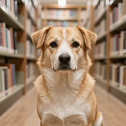 a portrait of a dog in a library, sigma 8 5 mm f / 1. 4
