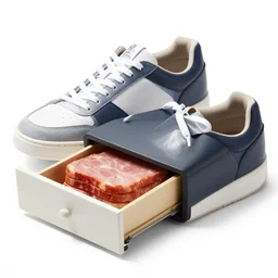 sneakers with a sliding drawer built into the side of the sole which is open and containing warm lunch meats, product photo, hulk hogan, photorealistic