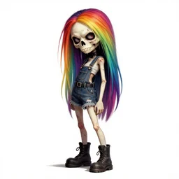 a grungy skull woman with rainbow hair, drunk, angry, soft eyes and narrow chin, dainty figure, long hair straight down, torn overalls, short shorts, combat boots, basic white background, side boob, symmetrical, single person, style of by jordan grimmer and greg rutkowski, crisp lines and color,