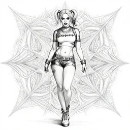 symmetry concpet art, full shot, traditional ink, sketch, of scarlet johansson as harley quinn, line sketch, intricate, elegant, highly detailed, monochrome, digital painting, artstation, concept art, sharp focus, illustration, art by borderlands 3 and peter polach