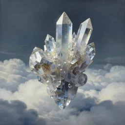 a painting of a crystal abstract sculpture floating in the clouds, a detailed matte painting by christophe vacher, cgsociety, fantasy art, matte painting, matte drawing, concept art
