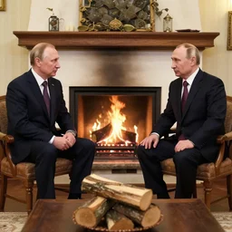 vladimir putin in a waistcoat staring at a log fire photograph symmetric