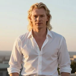portrait of the immensely handsome model Stephen Fry with beautiful long pale blond hair, albino white pale skin, posing for a photoshoot in the golden hour, white dress shirt open at the chest, broad shoulders and huge thick arms, ambient lighting, 4k, anime key visual, lois van baarle, ilya kuvshinov, rossdraws, artstation
