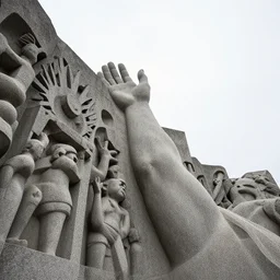 ultra wide shot of a granite sculpture of a gigantic human arm reaching to the sun in the style of gustav vigeland