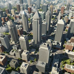 canary wharf, screenshot from cities : skylines ( 2 0 1 5 ) pc game, isometric view, unreal engine, raytracing, volumetric fog resolution, ambient occlusion, anisotropy, shadow resolution, texture quality high, chromatic abberation, 8 k