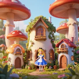 alice in wonderland giant mushroom houses, 3 d, mistic atmosphere, cute, octane render, redshift render, intricate, insanely detailed, morning light, ambient occlusion, sub surface scattering, well rendered