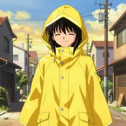 anime girl wearing massive yellow raincoat, face obscured by cowl, smug grin, smug, grin, yellow raincoat, cel - shading, 2 0 0 1 anime, flcl, jet set radio future, golden hour, japanese town, concentrated buildings, japanese neighborhood, electrical wires, cel - shaded, strong shadows, vivid hues, y 2 k aesthetic