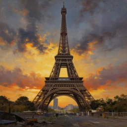 eiffel tower in post apocalyptic paris , moody sunset and dramatic sky , oil painting by frazetta, low angle,wide angle, cinemascope panorama