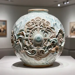 The Stable Diffusion Multiverse highly detailed carving on southern ice porcelain, partially glazed, woodfired, art gallery,