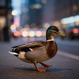 8 5 mm photography of a duck walking at night in the city with dof and bokeh and vibrant city out of focus in the background. highly detailed 8 k. intricate. lifelike. soft diffused light. nikon d 8 5 0.