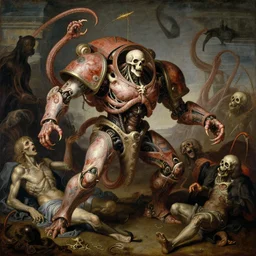 elegant renaissance painting of biomechanical warhammer final boss vecna battle, art by bruce pennington and peter mohrbacher, epic biblical depiction, flesh and bones, fangs, teths and tentacles, corpses and shadows!