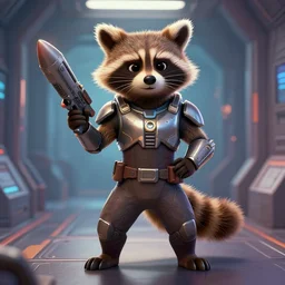 detailed illustration of furry rocket the raccoon standing in the hallway of a space ship from guardians of the galaxy, wearing mass effect armor, holding a rocket launcher, soft volumetric lighting, cinematic, craig mullins, disney, pixar, confident action pose, gta v