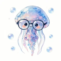a cute crystal jellyfish wearing glasses, glasses frames, artstation, water bubbles, watercolor and pen