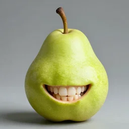 photorealistic picture of a green pear smiling with long teeth