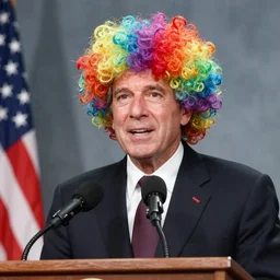 George HW Bush in a puffy rainbow wig, speaking at a podium (1990) photo