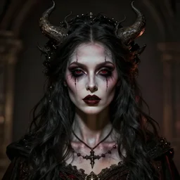 headshot portrait of nightmare queen inspired by catholic occultism, detailed, textured, realistic, unreal engine, cgsociety, cinematic lighting, concept art