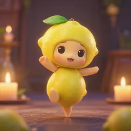 a lemon dancing under romantic candlelight, nendoroid, in the croods movie style, anime, disney, pixar, 8 k, hd, dof, kodak film, volumetric lighting, subsurface scattering, photorealistic, octane render, details