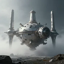 cinematic wide shot of an gargantuan moonbase, light fog