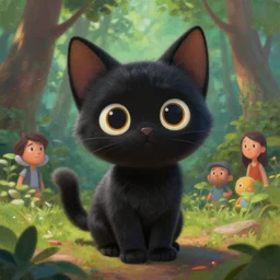 a beautiful painting of a cute black kitten in a forest. big eyes. pixar character design by cory loftis, fenghua zhong, ryohei hase, ismail inceoglu and ruan jia. artstation, volumetric light, detailed, photorealistic, rendered in octane