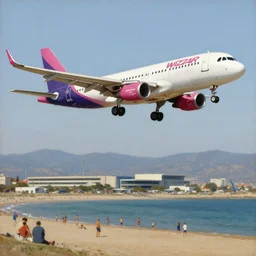 classical painting of a wizzair airbusa 3 2 1 neo landing at skiathos airport, low over the heads of the people on the beach