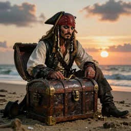 pirates finding a buried treasure chest at the beach at sunset, stylized, artstation, hd, cgsociety, cgi, realistic, dramatic, cinematic, artistic, trending, detailed