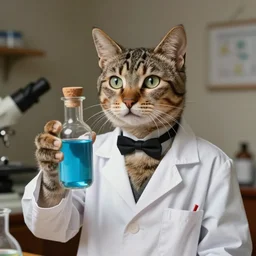 an aristocratic cat chartreux dressed as a scientist holds a modern transparent little bottle filled with vivid blue iridescent liquid, art highly detailed, by frank frazetta, keith parkinson and greg rutkowski and aleksandra skiba, concept art,