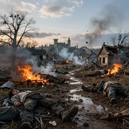 destroyed village in the background, scattered trees, highly detailed fire tendrils, dead bodies scattered in mud, body parts, castle spires in background, foot path leads to background, flying mud, debris, smoke, field, wet, dawn, partly cloudy, cold breath, hyper realistic, octane render, hyper detailed, cinematic, medium shot