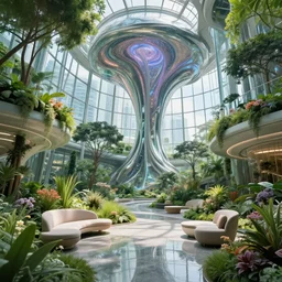 biophilic futuristic cyborg city garden natural beautiful light interior soft cinematic composition of a granite metallic nebula fluid surreal scifi singapore architecture landscape, furniture, flowers, grass, water, trees, glass walls, vincent callebaut composition, 8 k, unreal engine, hdr