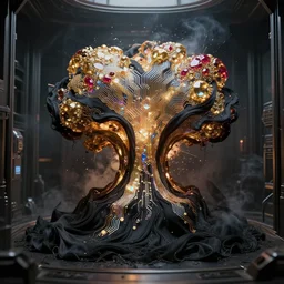 a pristine extremely futuristic depiction of an explosion causing a time travel rift made of billowing finely stitched smoky black digital silk with ornate and finefly detailed topaz - ruby - citrine holographic foil circuitry inlays sitting in a protected vault, style of satoshi kon, style of jeff soto, style of peter mohrbacher, detailed 3 d render, octane render, 8 k