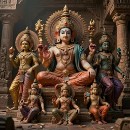 costume design made for infinite hindu fractal gods, sophisticated composition, old masters light composition, procedurally generated, character posing for concept art, ancient ruins behind, substance designer, PBR, HD, Ultra detailed, hyperrealistic, megascans, volumetric light, concept by master artist, made in paint tool SAI2, trending pixiv face