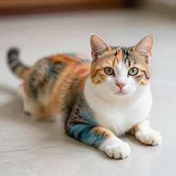 a Rainbow cat lying on the floor, ultra realistic, 8K