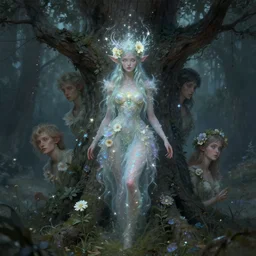 tree spirit goddess ; by james jean, charlie bowater, tom bagshaw, nikolay makovsky, melanie delon : : enchanting, ethereal, magical, glowing, sparkle, iridescent, flowerpunk, portrait, character design, illustration, hyperrealism, photorealism, digital art, concept art, dark fantasy, whimsy, weta, wlop, artstation