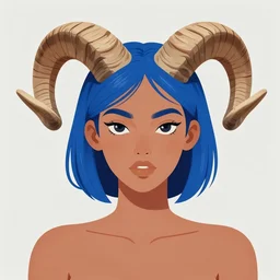 illustrated portrait of ram-horned devil woman with blue bob hairstyle and tanned colored skin and with solid black eyes wearing leather by rossdraws