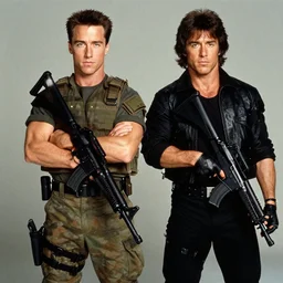 photoshoot of commando versus rambo. young arnold schwarzenegger as matrix from the movie commando and young sylvester stallone as rambo, photoshoot in the style of annie leibovitz,