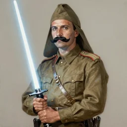 portrait photo of russian revolutionary commander in khaki military tunic wearing papakha with black moustache and shaved chin, holding a lightsaber, handsome, highly detailed, digital painting, artstation, concept art, smooth, sharp focus, illustration, art by gaston bussiere and alphonse mucha