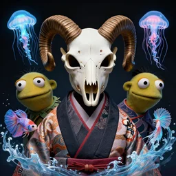 3 d muppet half - turn portrait with ram skull. beautiful intricately detailed japanese crow kitsune mask and clasical japanese kimono. betta fish, jellyfish phoenix, bio luminescent, plasma, ice, water, wind, creature, artwork by tooth wu and wlop and beeple and greg rutkowski