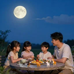 a young asian family sitting at outdoor table, tea and food on the table, animal figurine placing around family, clear sky at night with a few clouds, full moon brightening by eric carle
