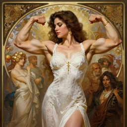 ariana grade, flexing large bodybuilder muscles, white lace clothing, gold accessories, elegant, highly detailed, digital painting, matte, sharp focus, art by artgerm, greg rutkowski, alphonse mucha, frank frzetta, boris vallejo, bouguereau, beksinski, cinematic