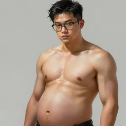 Portrait of handsome Asian man, sultry, wearing glasses, with a big pregnant belly, highly detailed, digital painting, artstation, concept art, smooth, sharp focus, illustration, art by Artgerm and Greg Rutkowski