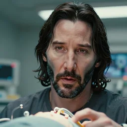 beautiful hyperrealism three point perspective film still of Keanu Reeves having face hugger breakthrough surgery in medical bay in Aliens(1988) extreme closeup portrait in style of 1990s frontiers in translucent porclein miniature street photography seinen manga fashion edition, miniature porcelain model, focus on face, eye contact, tilt shift style scene background, soft lighting, Kodak Portra 400, cinematic style, telephoto by Emmanuel Lubezki